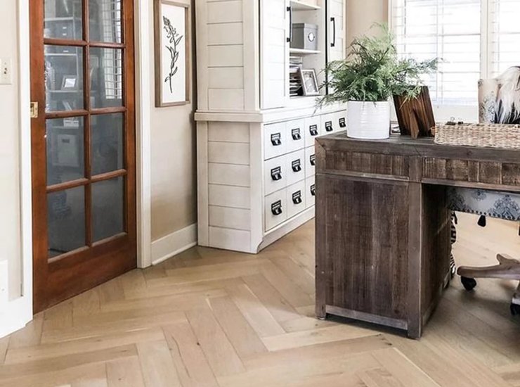 farmhouse style office desk and hutch light herringbone wood floor